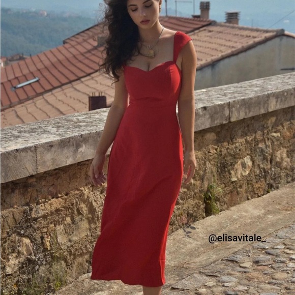 Rihoas Red Sweetheart Neck Cap Sleeve Midi Dress - Picture 2 of 7